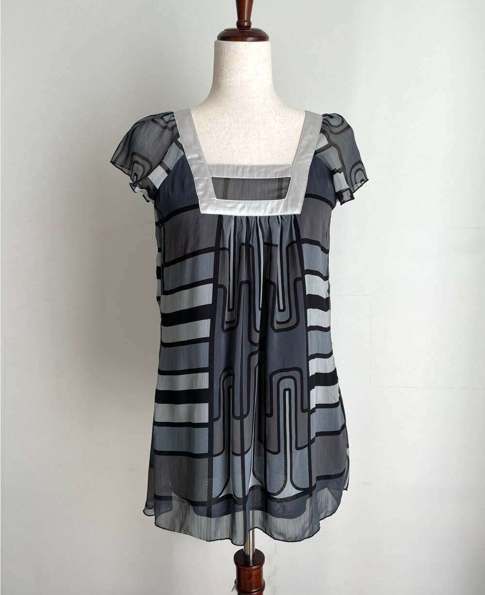 Vintage Y2K Love Notes Babydoll Blouse Top Sz S Black Gray Artsy Whimsical Flowy
